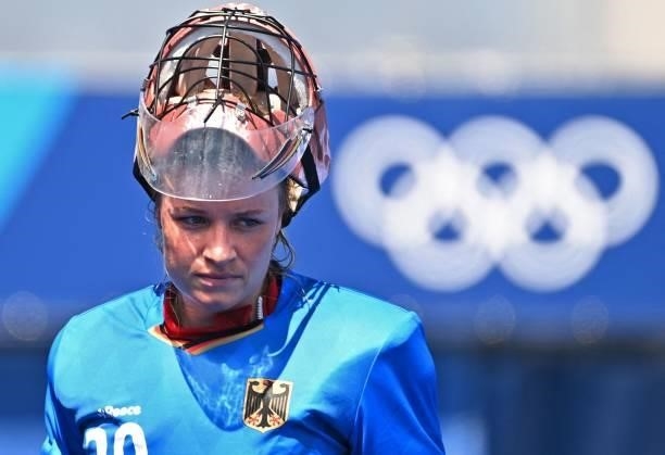 Germany's goalkeeper Julia Sonntag looks on during the women's pool A match of the Tokyo 2020 Olympic Games field hockey competition against Britain,...