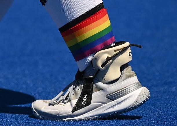 Picture of the rainbow-coloured band worn by Germany's captain Nike Lorenz over a sock in support of the LGBTI movement and sexual diversity, during...
