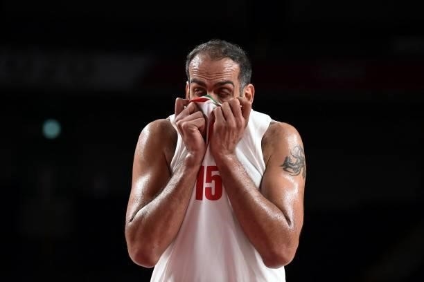 Iran's Hamed Haddadi reacts in the men's preliminary round group A basketball match between Iran and Czech Republic during the Tokyo 2020 Olympic...