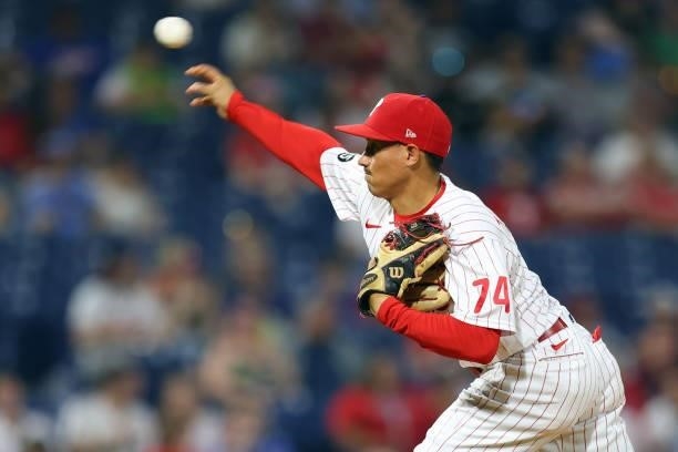 Infielder Ronald Torreyes of the Philadelphia Phillies pitches during the eighth inning of a game against the Atlanta Braves at Citizens Bank Park on...