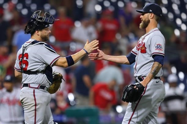 Catcher Stephen Vogt and pitcher Shane Greene of the Atlanta Braves shake hands after defeating the Philadelphia Phillies 15-3 in a game at Citizens...