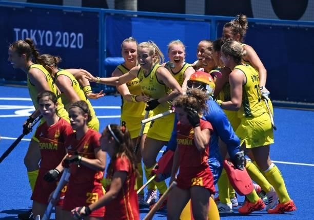 Australia's players celebrate the team's second goal against Spain during their women's pool B match of the Tokyo 2020 Olympic Games field hockey...