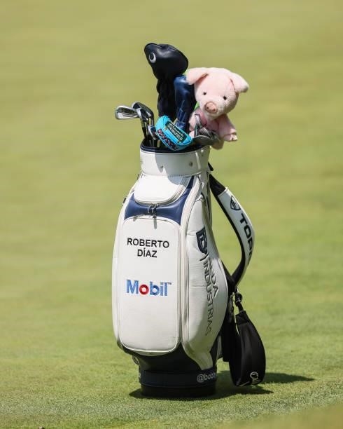 Detail view of Roberto Diaz of Mexicos golf bag is seen on the 8th green during the third round of the Price Cutter Charity Championship presented by...