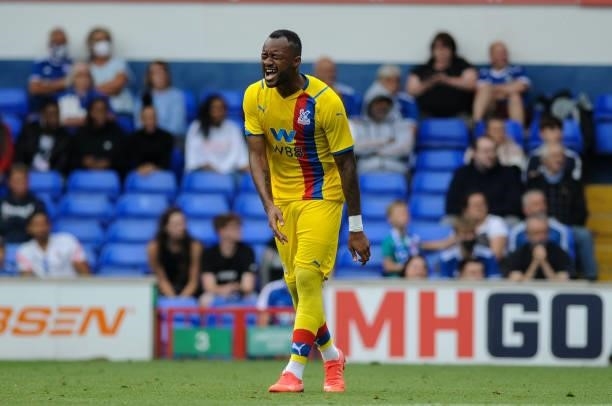 Crystal Palaces Jordan Ayew after putting freekick wide during the Pre-season Friendly match between Ipswich Town and Crystal Palace at Portman Road,...