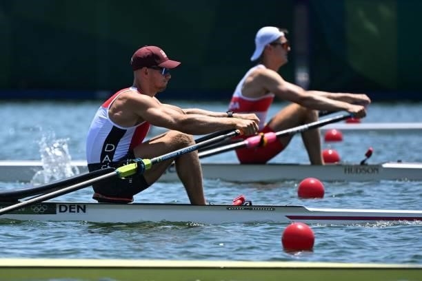 Denmark's Sverri Nielsen competes in the men's single sculls quarterfinal during the Tokyo 2020 Olympic Games at the Sea Forest Waterway in Tokyo on...