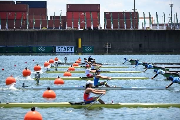 Athletes competes in the women's single sculls quarterfinal during the Tokyo 2020 Olympic Games at the Sea Forest Waterway in Tokyo on July 25, 2021.