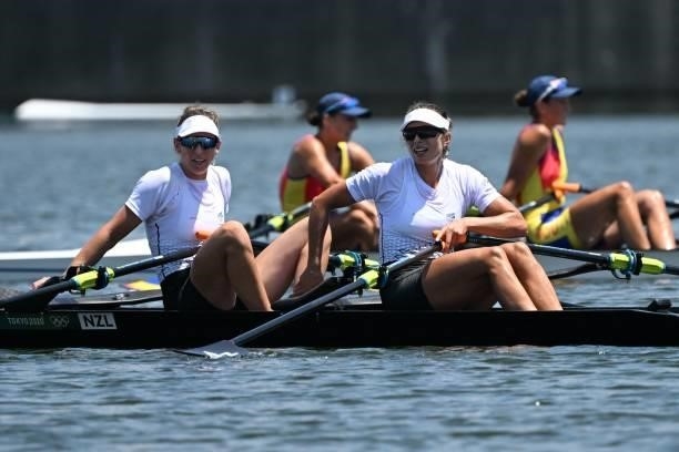 New Zealand's Brooke Donoghue and New Zealand's Hannah Osborne react after the women's double sculls semi-final during the Tokyo 2020 Olympic Games...