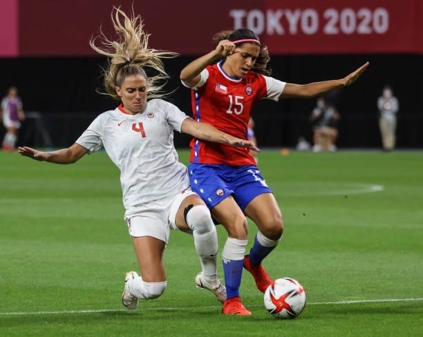 Shelina ZADORSKY of Team Canada battles for possession with Daniela ZAMORA of Team Chile This was the reason for the penalty kick during the Women's...
