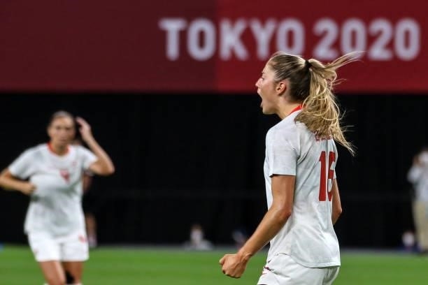 Janine BECKIE of Team Canada celebrating with a first goal during the Women's First Round Group E match between Chile and Canada on day one of the...