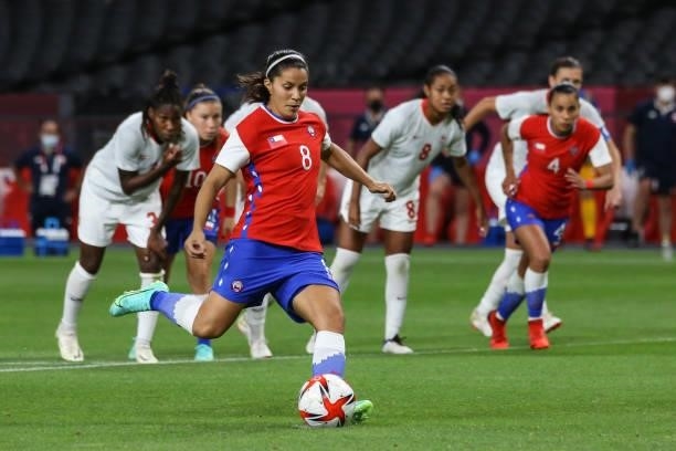 Karen ARAYA of Team Chile kick a Penalty during the Women's First Round Group E match between Chile and Canada on day one of the Tokyo 2020 Olympic...