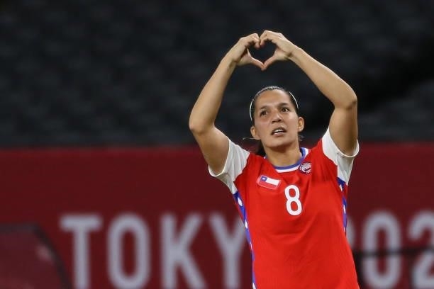 Karen ARAYA of Team Chile celebrating with a first goal make a heart with her hands during the Women's First Round Group E match between Chile and...