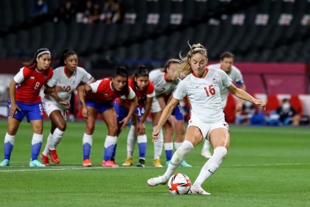 Janine BECKIE of Team Canada kick a Penalty during the Women's First Round Group E match between Chile and Canada on day one of the Tokyo 2020...
