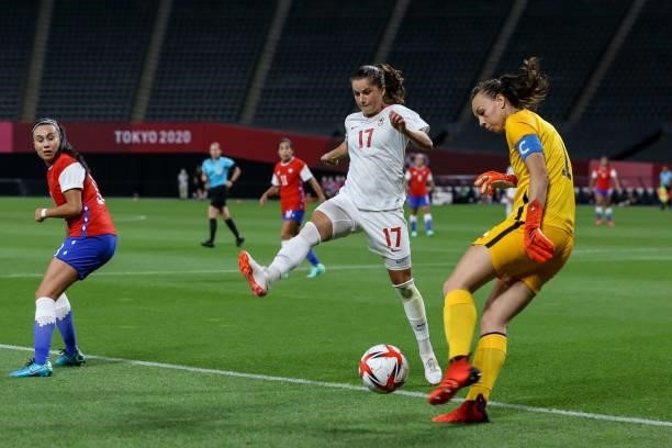 Christiane ENDLER Goal keeper of Team Chile kik the ball font of Jessie FLEMING of Team Canada during the Women's First Round Group E match between...