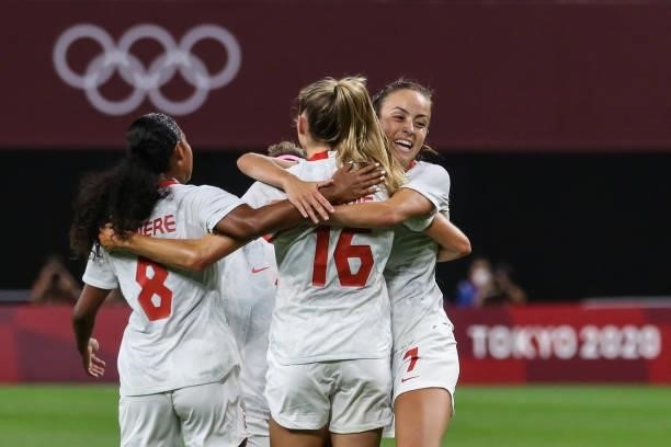 Janine BECKIE of Team Canada celebrating with a first goal with teammates during the Women's First Round Group E match between Chile and Canada on...
