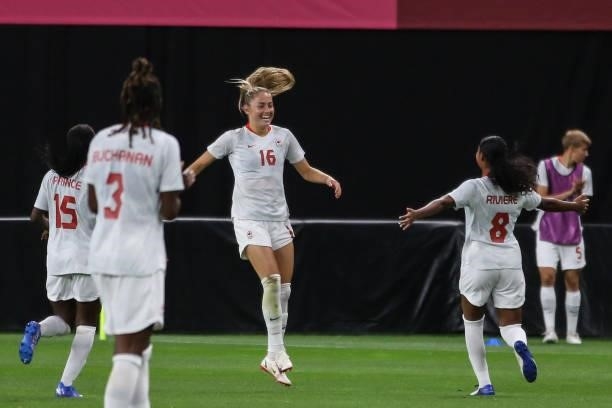 Janine BECKIE of Team Canada celebrating with a second goal with teammates during the Women's First Round Group E match between Chile and Canada on...
