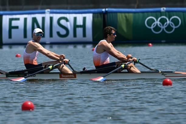 Netherlands' Melvin Twellaar and Netherlands' Stefan Broenink competes in the men's double sculls semi-final during the Tokyo 2020 Olympic Games at...