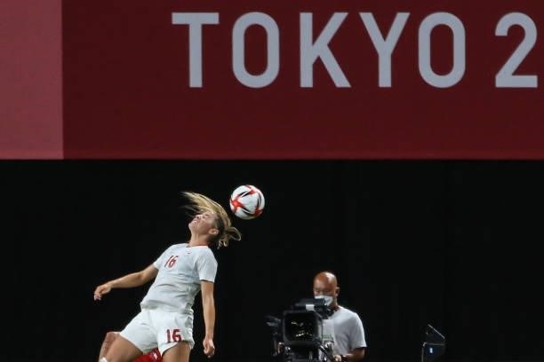 Janine BECKIE of Team Canada kick the ball with her head during the Women's First Round Group E match between Chile and Canada on day one of the...