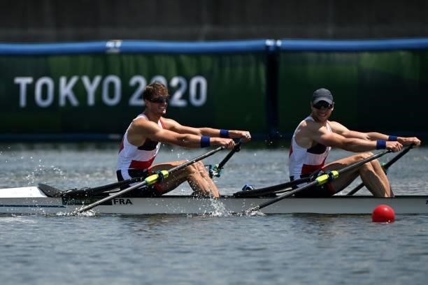 France's Hugo Boucheron and France's Matthieu Androdias compete in the men's double sculls semi-final during the Tokyo 2020 Olympic Games at the Sea...