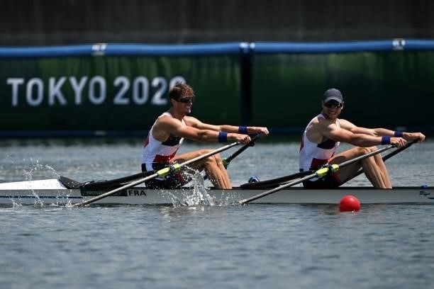 France's Hugo Boucheron and France's Matthieu Androdias compete in the men's double sculls semi-final during the Tokyo 2020 Olympic Games at the Sea...