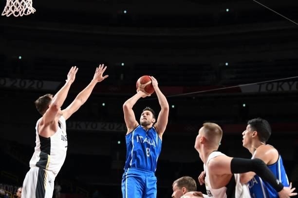 Italy's Danilo Gallinari takes a shot in the men's preliminary round group B basketball match between Germany and Italy during the Tokyo 2020 Olympic...