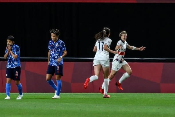 Ellen White , Caroline WEIR of Team Great Britain celebrates after scoring their side's first goal during the Women's First Round Group E match...