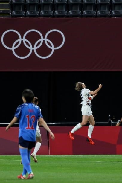 Ellen White of Team Great Britain celebrates after scoring their side's first goal during the Women's First Round Group E match between Japan and...
