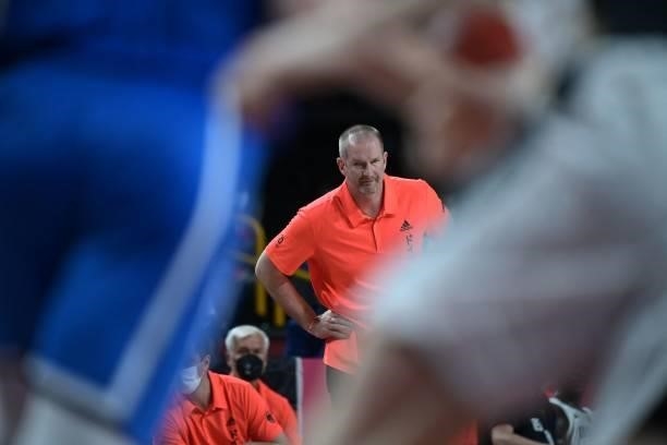 Germany's team coach Henrik Roedl reacts after the men's preliminary round group B basketball match between Germany and Italy during the Tokyo 2020...