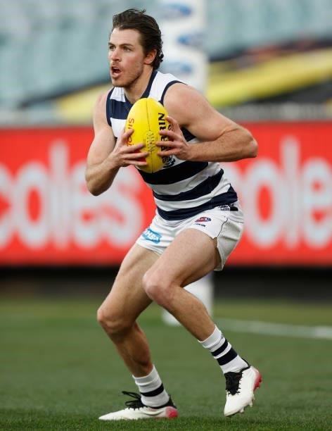 Isaac Smith of the Cats in action during the 2021 AFL Round 19 match between the Geelong Cats and the Richmond Tigers at the Melbourne Cricket Ground...
