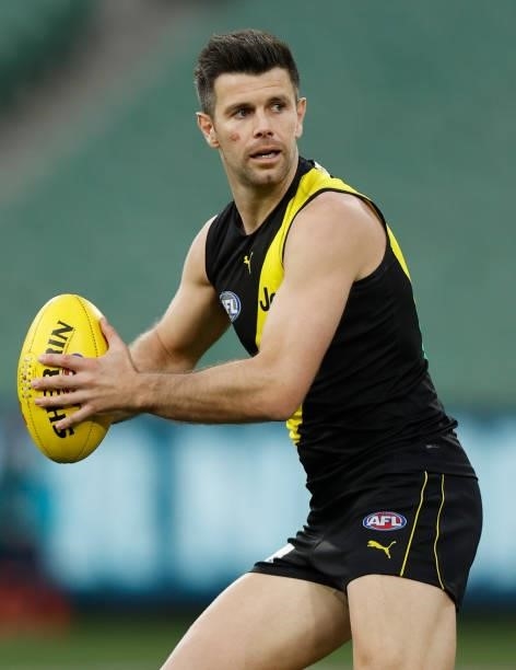 Trent Cotchin of the Tigers in action during the 2021 AFL Round 19 match between the Geelong Cats and the Richmond Tigers at the Melbourne Cricket...