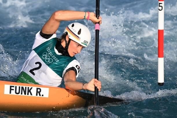 Germany's Ricarda Funk competes in the women's kayak heat run during the Tokyo 2020 Olympic Games at Kasai Canoe Slalom Centre in Tokyo on July 25,...