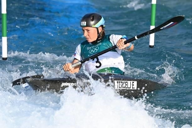 Slovenia's Eva Tercelj competes in the women's kayak heat run during the Tokyo 2020 Olympic Games at Kasai Canoe Slalom Centre in Tokyo on July 25,...
