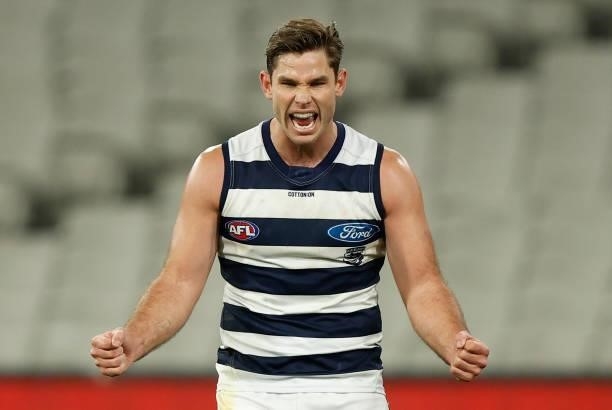 Tom Hawkins of the Cats celebrates during the 2021 AFL Round 19 match between the Geelong Cats and the Richmond Tigers at the Melbourne Cricket...