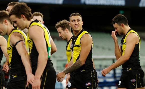 Shai Bolton of the Tigers looks dejected after a loss during the 2021 AFL Round 19 match between the Geelong Cats and the Richmond Tigers at the...
