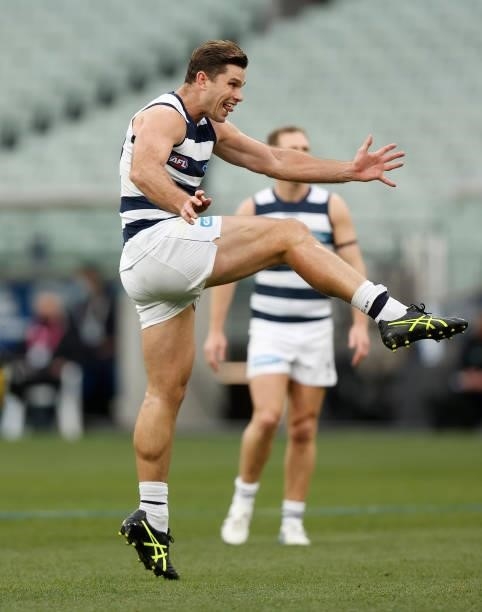 Tom Hawkins of the Cats kicks for goal during the 2021 AFL Round 19 match between the Geelong Cats and the Richmond Tigers at the Melbourne Cricket...