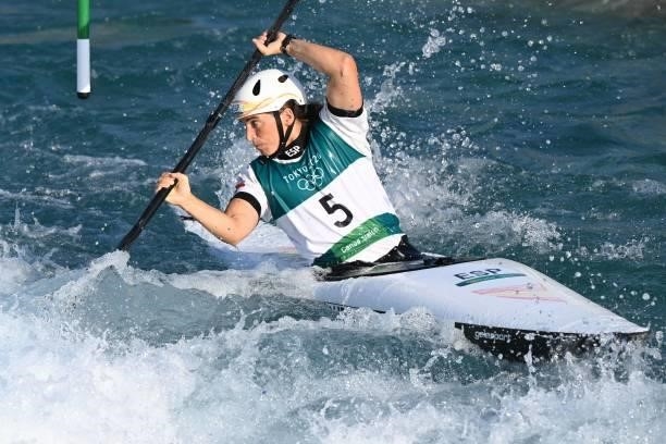 Spain's Maialen Chourraut competes in the women's kayak heat run during the Tokyo 2020 Olympic Games at Kasai Canoe Slalom Centre in Tokyo on July...