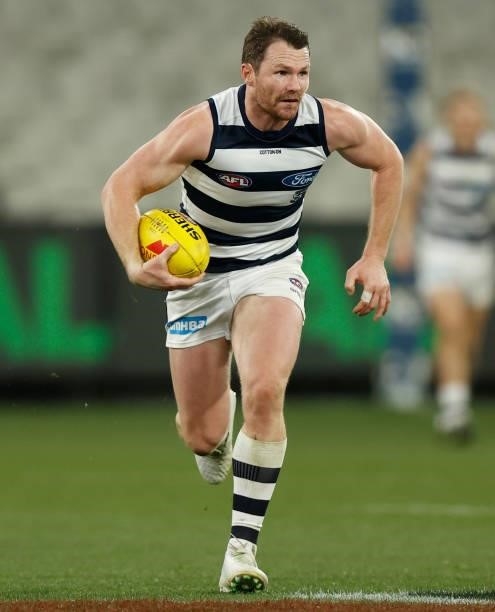 Patrick Dangerfield of the Cats in action during the 2021 AFL Round 19 match between the Geelong Cats and the Richmond Tigers at the Melbourne...