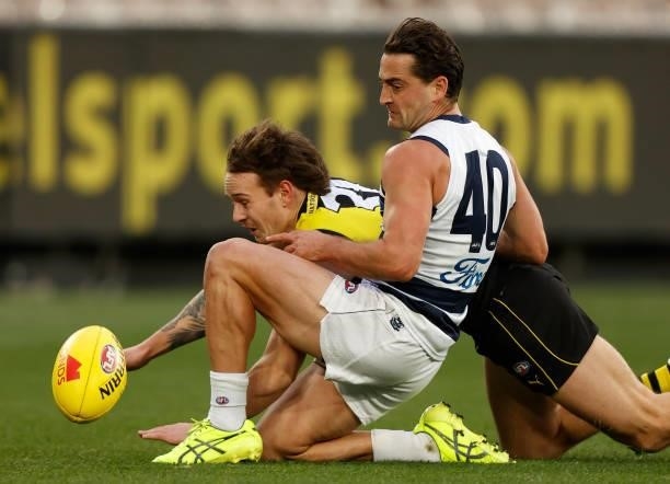 Ryan Mansell of the Tigers and Luke Dahlhaus of the Cats during the 2021 AFL Round 19 match between the Geelong Cats and the Richmond Tigers at the...