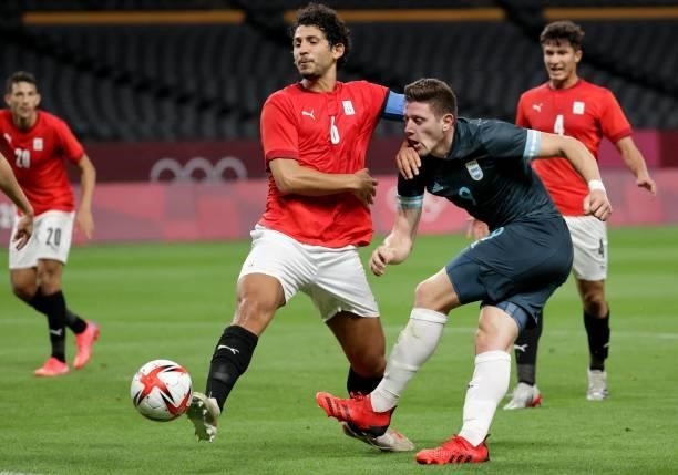 Argentina's forward Adolfo Gaich shoots beside Egypt's defender Ahmed Hegazi during the Tokyo 2020 Olympic Games men's group C first round football...