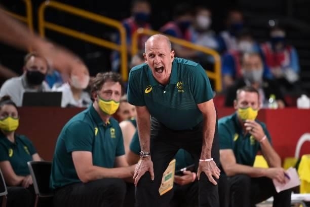 Australia's team coach Brian Goorjian speaks to his players in the men's preliminary round group B basketball match between Australia and Nigeria...