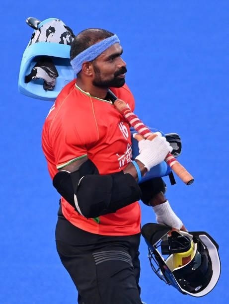 India's goalkeeper Sreejesh Parattu Raveendran looks on before the men's pool A match of the Tokyo 2020 Olympic Games field hockey competition...