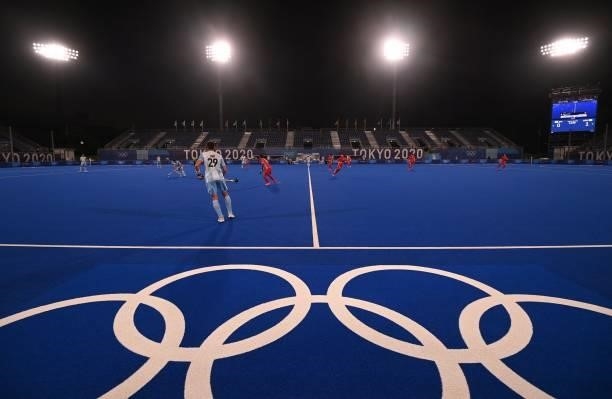 Picture taken during the men's pool A match of the Tokyo 2020 Olympic Games field hockey competition between Japan and Argentina, at the Oi Hockey...