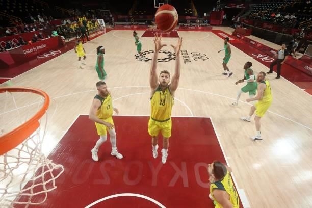 Australia's Jock Landale takes a shot in the men's preliminary round group B basketball match between Australia and Nigeria during the Tokyo 2020...