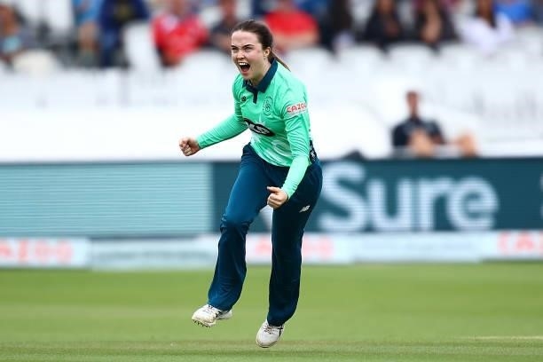 Mady Villiers of the Oval Invincibles celebrates after dismissing Deandra Dottin of London Spirit during the Hundred match between London Spirit...