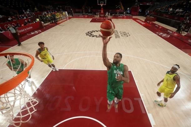 Nigeria's Jahlil Okafor takes a shot in the men's preliminary round group B basketball match between Australia and Nigeria during the Tokyo 2020...