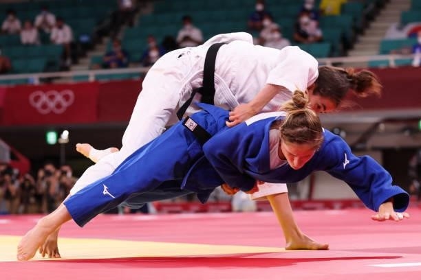 Britain's Chelsie Giles competes with Switzerland's Fabienne Kocher during their judo women's -52kg bronze medal B bout during the Tokyo 2020 Olympic...