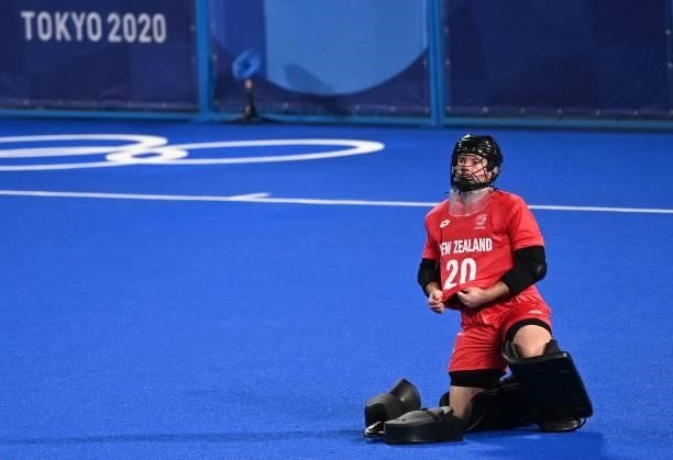 New Zealand's goalkeeper Leon Hayward is pictured during the men's pool A match of the Tokyo 2020 Olympic Games field hockey competition against...