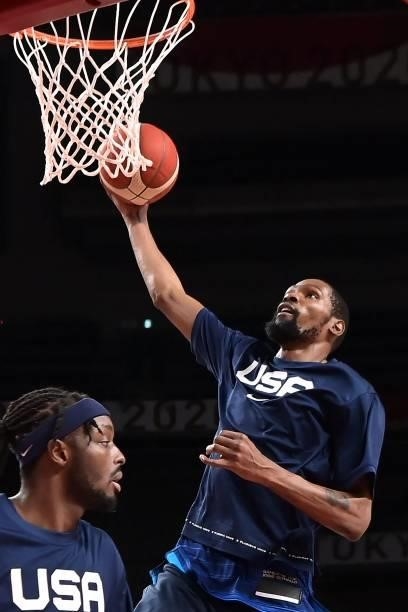 S Kevin Wayne Durant goes for the basket during the warm-up before the start of the men's preliminary round group A basketball match between France...