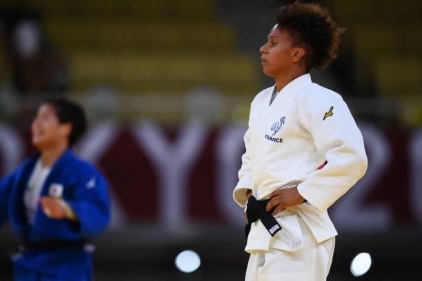 France's Amandine Buchard reacts after losing the judo women's -52kg final bout against Japan's Uta Abe during the Tokyo 2020 Olympic Games at the...