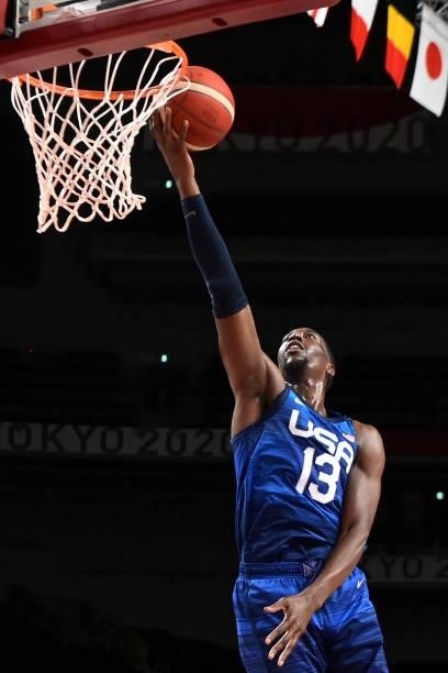 S Edrice Femi Adebayo goes for the basket during the men's preliminary round group A basketball match between France and USA during the Tokyo 2020...