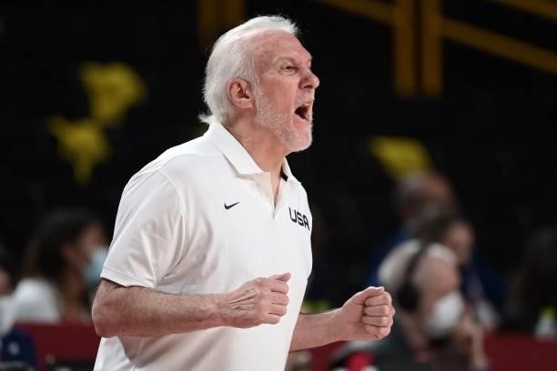 S coah Gregg Popovich shouts from the sideline during the men's preliminary round group A basketball match between France and USA during the Tokyo...